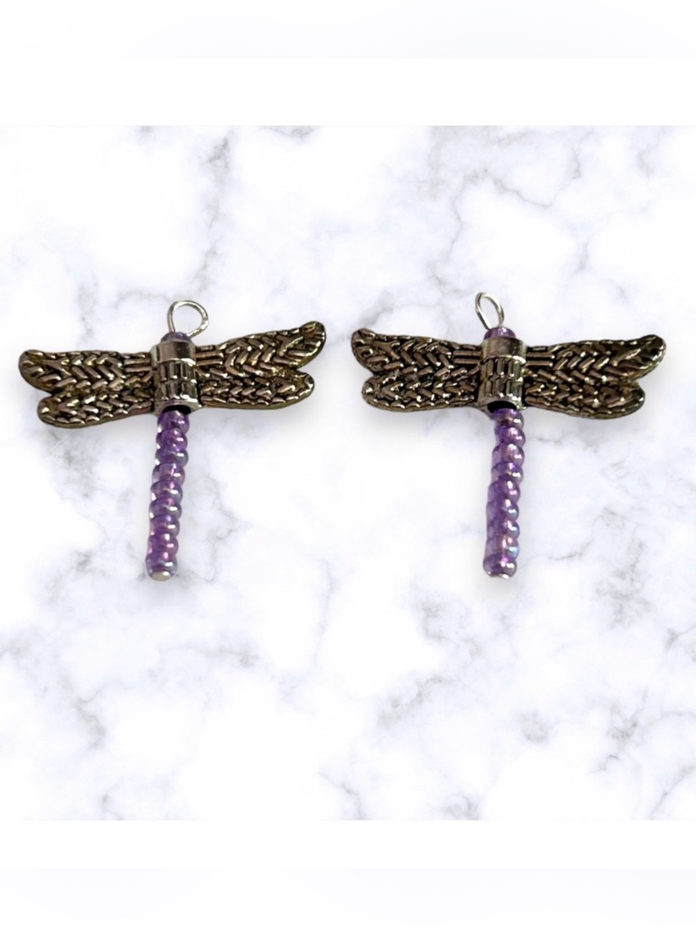 Hand Crafted Earrings Dragonfly Purple Dangle Silver Pierced Long Handmade
